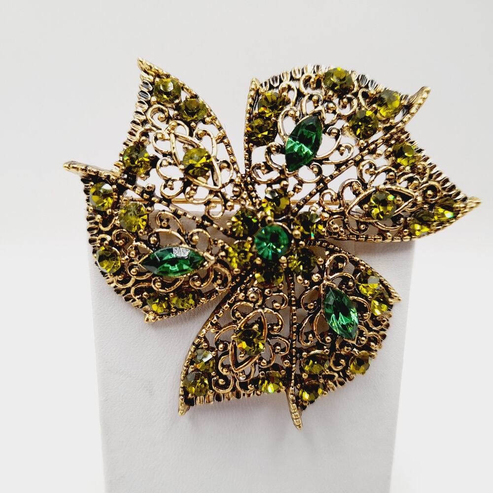 Large Green Rhinestone Leaf Brooch Gold Tone Filigree Vintage Pin 2.75"